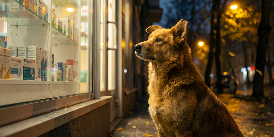 Бездомный пёс каждый вечер приходил к аптеке и смотрел на витрину