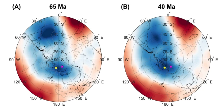 Местоположение "гравитационной дыры" 65 млн. лет назад и 40 млн. лет назад