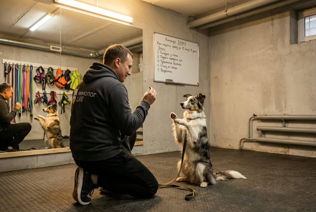 как научить собаку команде зайка — кинолог показывает жест, собака поднимается на задние лапы за лакомством