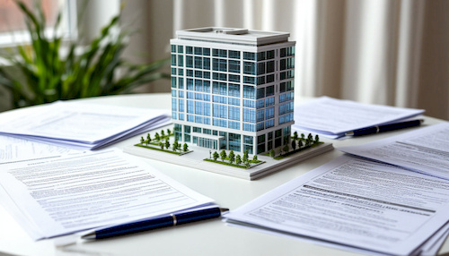 Макет гостиницы на столе с документами и папками юридической базы
