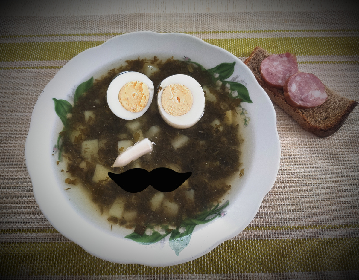 Обед. Хотела губы борщу своему приделать, но в телефоне нашлись только усы 😜