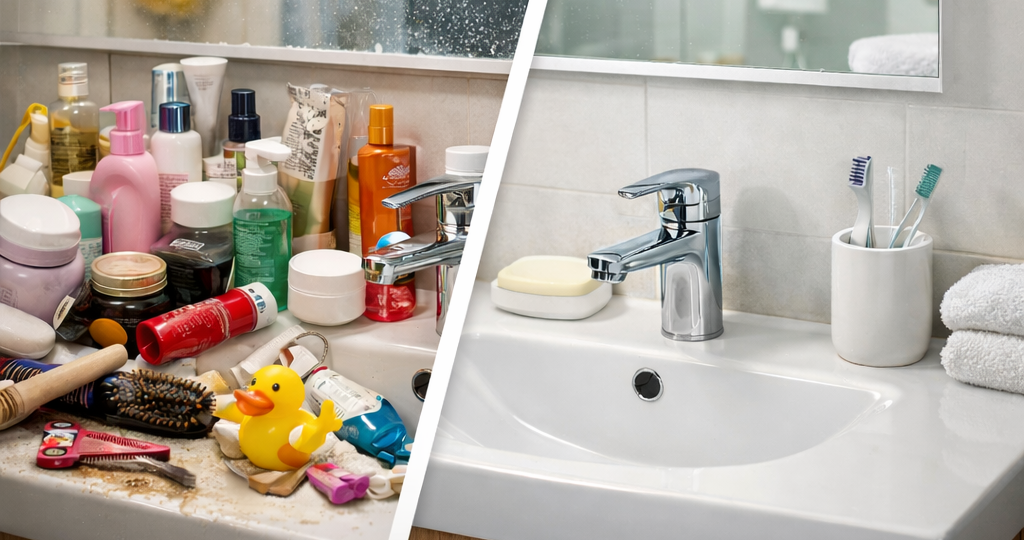 20 минут — и ванная выглядит опрятно: что спрятать в первую очередь.