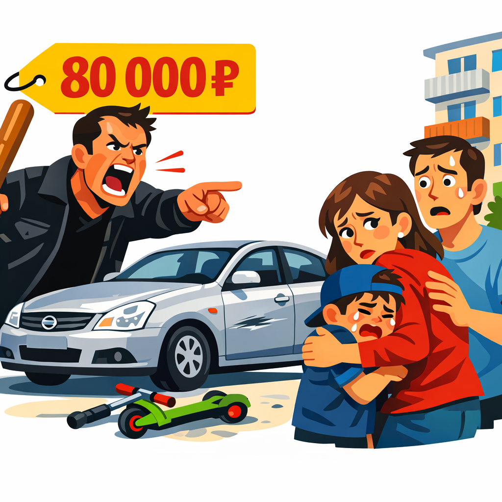 🏏 «Готовьте 80 тысяч, или я вас найду!» — орал мужик с битой посреди двора. Мой 6-летний сын катался на самокате. Машина резко вывернула, ребенок испугался и въехал в дверь. Итог: две царапины на старом "Ниссане"