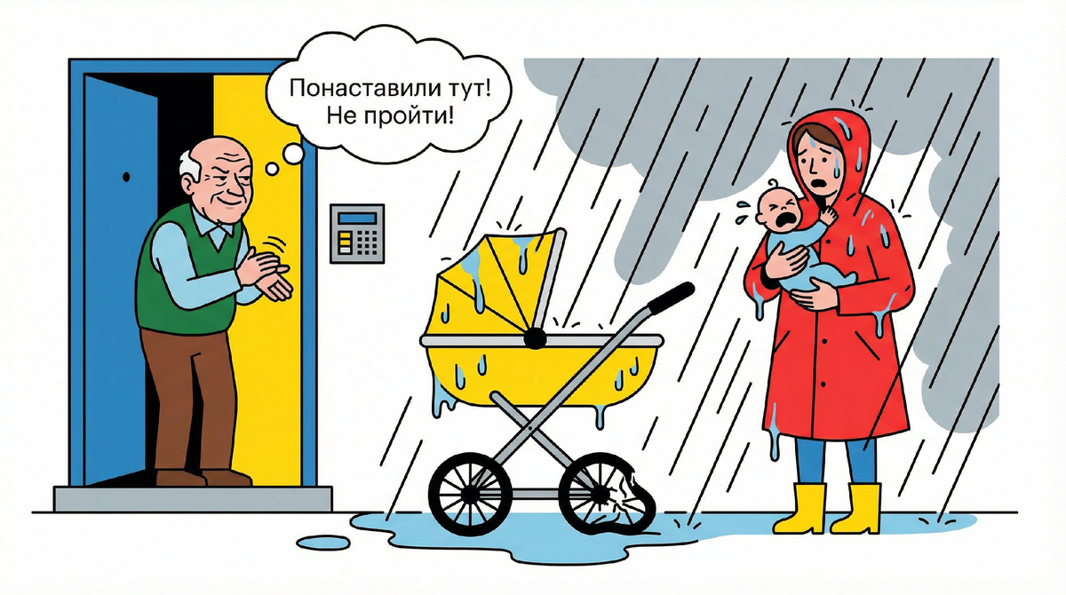 🌧 «Я вышла утром, а коляски нет. Сосед вынес ее на улицу под дождь!» Живем в однушке, места нет. Ставила коляску в подъезде — она никому не мешала, проход широкий. Но соседу-пенсионеру она «мозолила глаза».