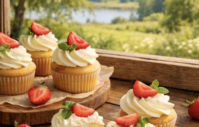 Нежнейшие ванильные кексы с творожным кремом и клубничной начинкой!