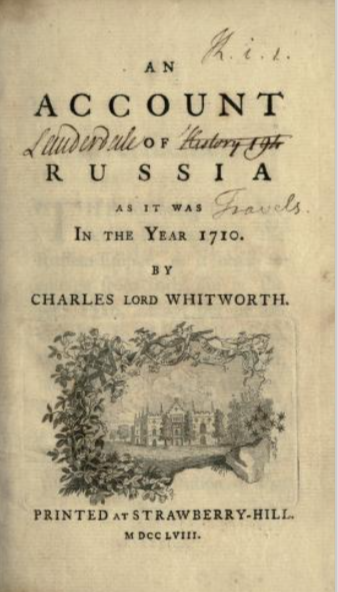Обложка первого издания книги Ч. Витворта "О России, какой она была в 1710 году"