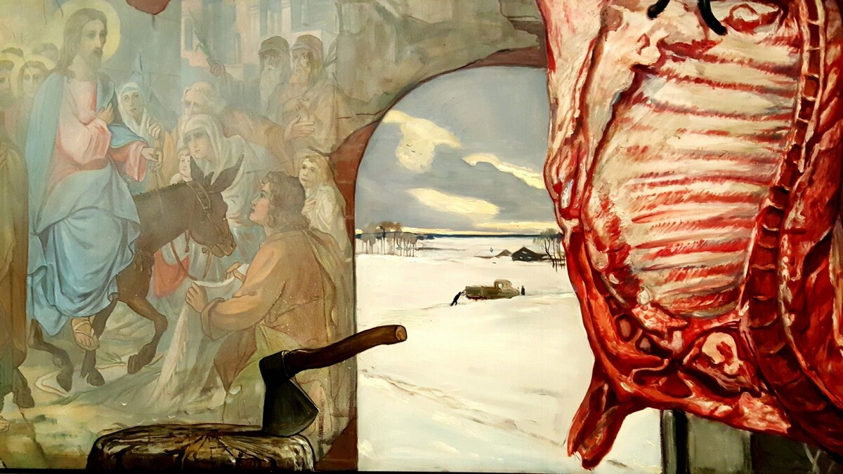 Илья Глазунов, «На колхозном складе», 1986 г.