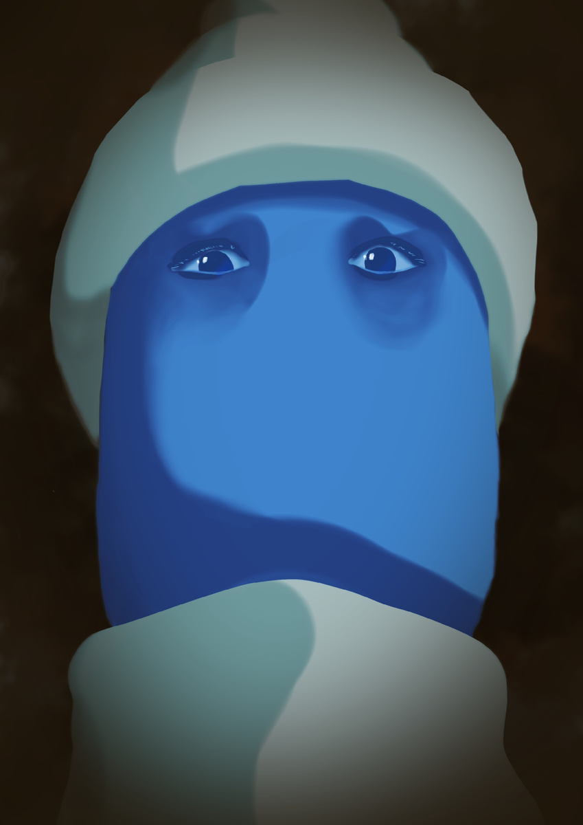 Ни носа, ни рта, ни бровей, только овал лица с глазами. Лицо было насыщенно синего цвета. Здесь у меня светлее получилось.