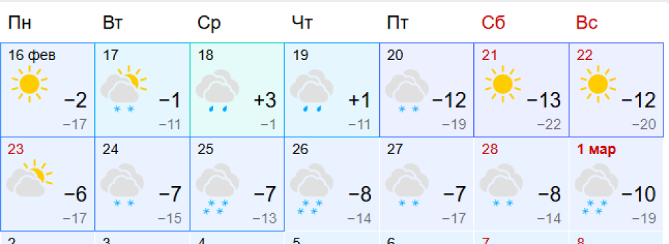    Прогноз погоды на февраль. Источник: Gismeteo