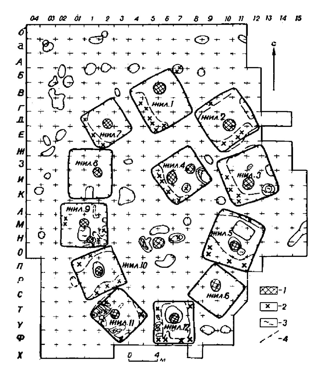 Поселение Ташково II. План раскопа. 1- прокал; 2 - уголь; 3 - глина; 4 - граница темно-серого слоя с вкраплениями угля.