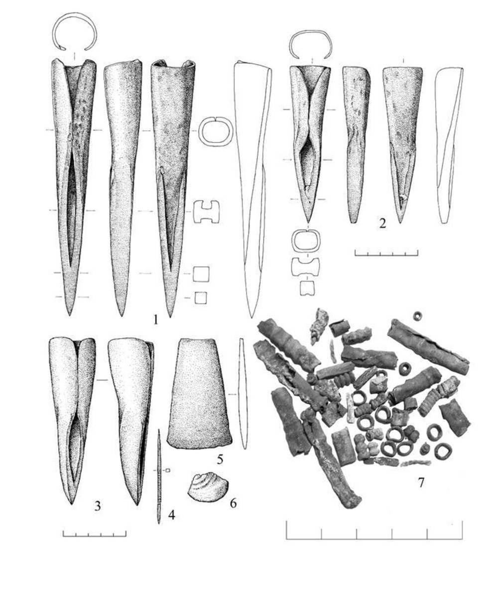 Найденное около дер. Прыгова (Калганова) в Шадринском районе Курганской области 1-5, 7(мелкие украшения)–медь, бронза; 6–раковина.