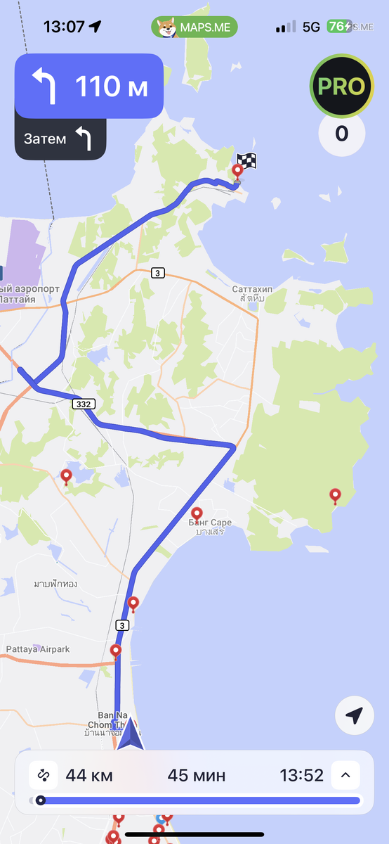 Маршрут в навигаторе. Есть более прямой путь, почему то его только дает выбрать на обратном пути. Но мы любим ездить разными дорогами. 