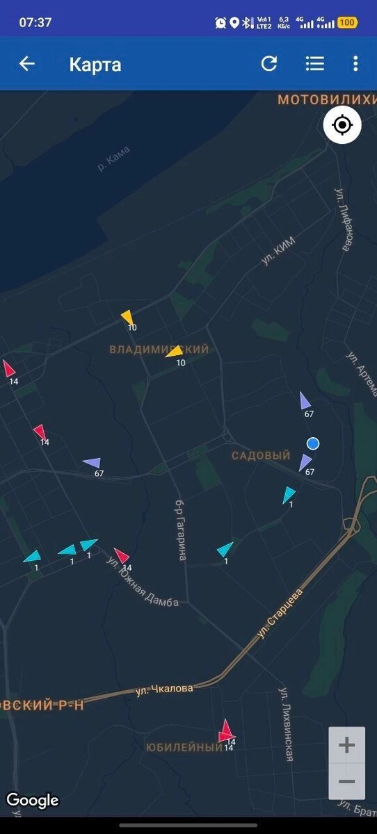    Скриншот карты с передвижениями автобусов №10   properm.ru