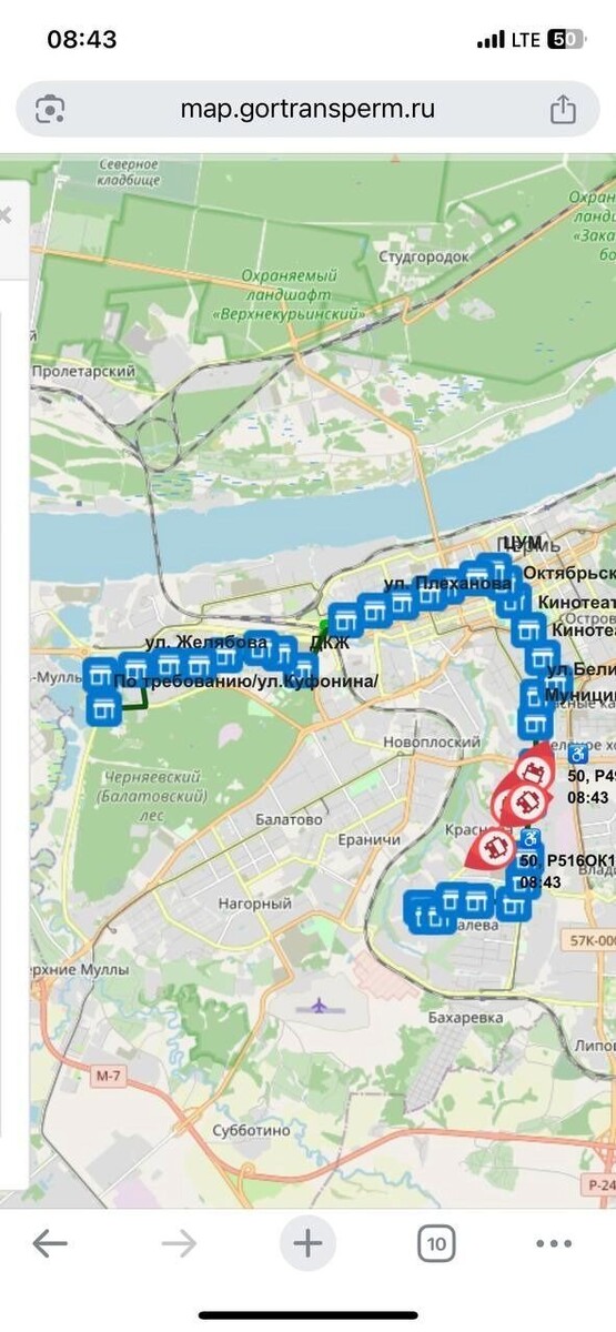    Скриншот карты с передвижениями автобусов №50   properm.ru