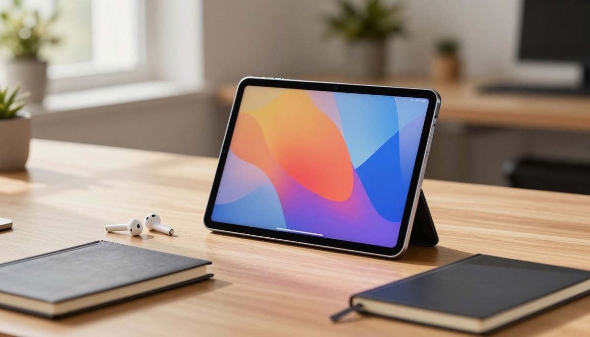 Стильный современный планшет Samsung Galaxy Tab A11, который занимает видное место на минималистичном деревянном столе. На ярком экране планшета отображается яркая графика, демонстрирующая удобный интерфейс. На переднем плане пара беспроводных наушников и стильный ноутбук дополняют обстановку. Планшет расположен под небольшим углом, что подчеркивает его тонкий профиль и стильный дизайн, а также легкий корпус. Мягкое естественное освещение, проникающее из ближайшего окна, отбрасывает мягкие тени и создает теплую, располагающую атмосферу. На заднем плане размытые элементы современной офисной обстановки с растениями с мягким фокусом придают снимку глубину и контекст, усиливая идею недорогого портативного устройства, идеально подходящего для повседневных задач. Общее настроение - профессиональное, но в то же время доступное, воплощающее суть современных технологий.