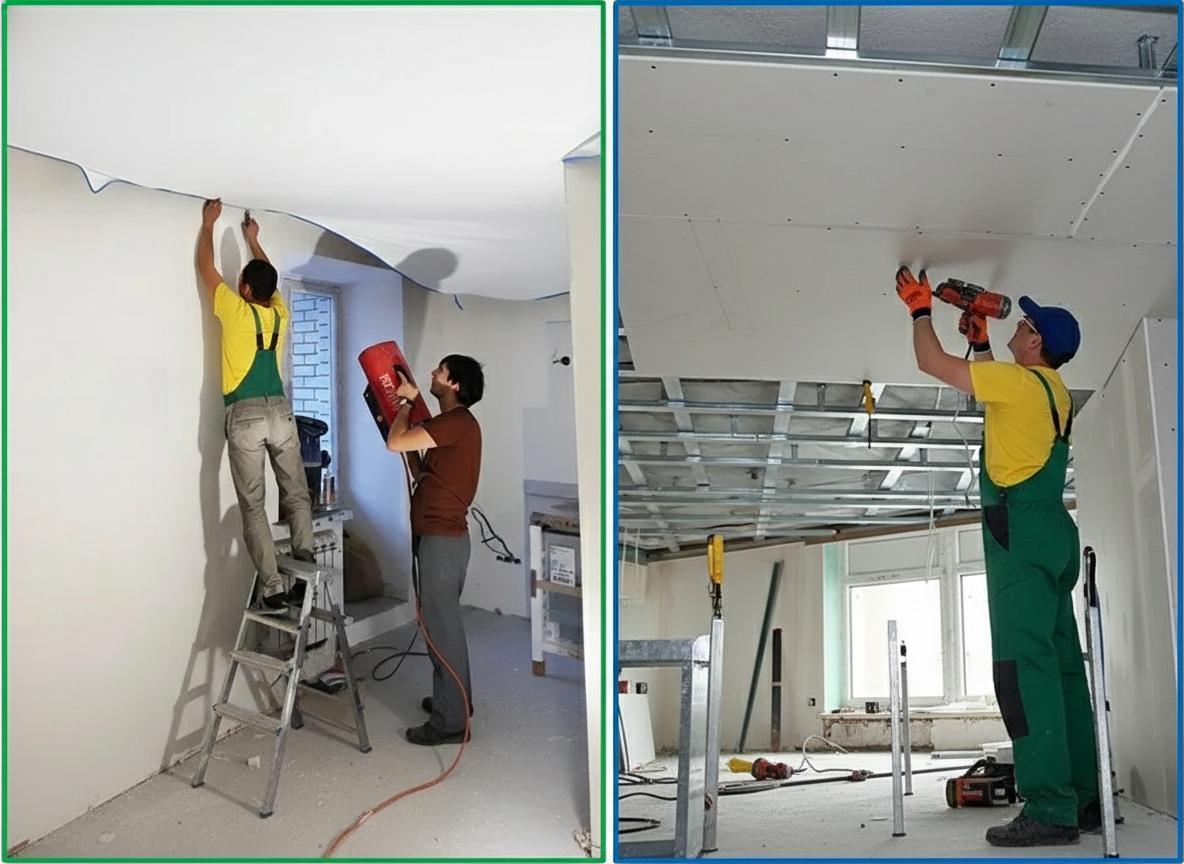 Гипсокартон: шпатель, шпаклёвка, шлифовка, покраска. Натяжной: рулон, горелка, один день. Разница в цене — 52 миллиона на доме. Чувствуете, где маркетинг, а где математика?