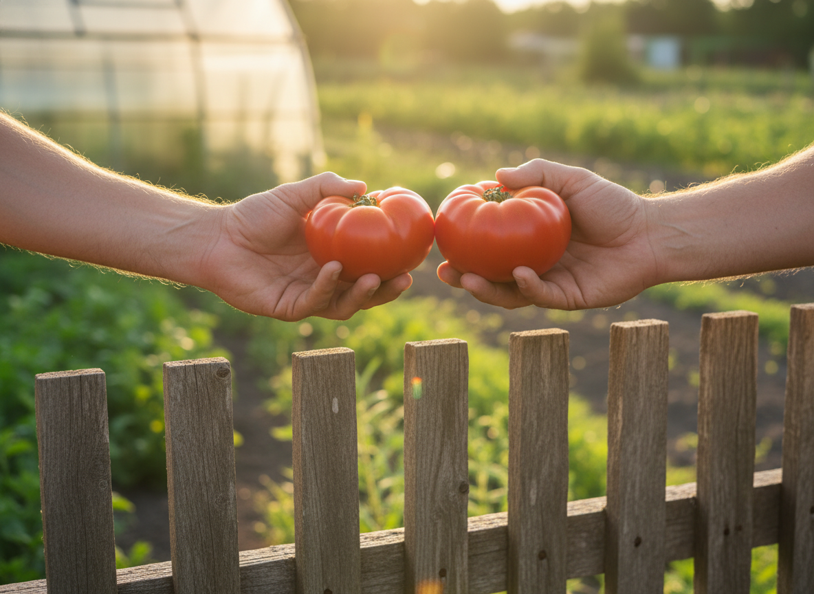 Два помидора, два соседа, одна дружба на грани рекорда. 🍅🤝🍅 Кто крупнее — вопрос второй, а вот тост за урожай — первый!