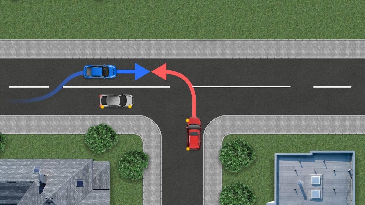 При указанных на рисунке обстоятельствах в ДТП виновен водитель синего автомобиля