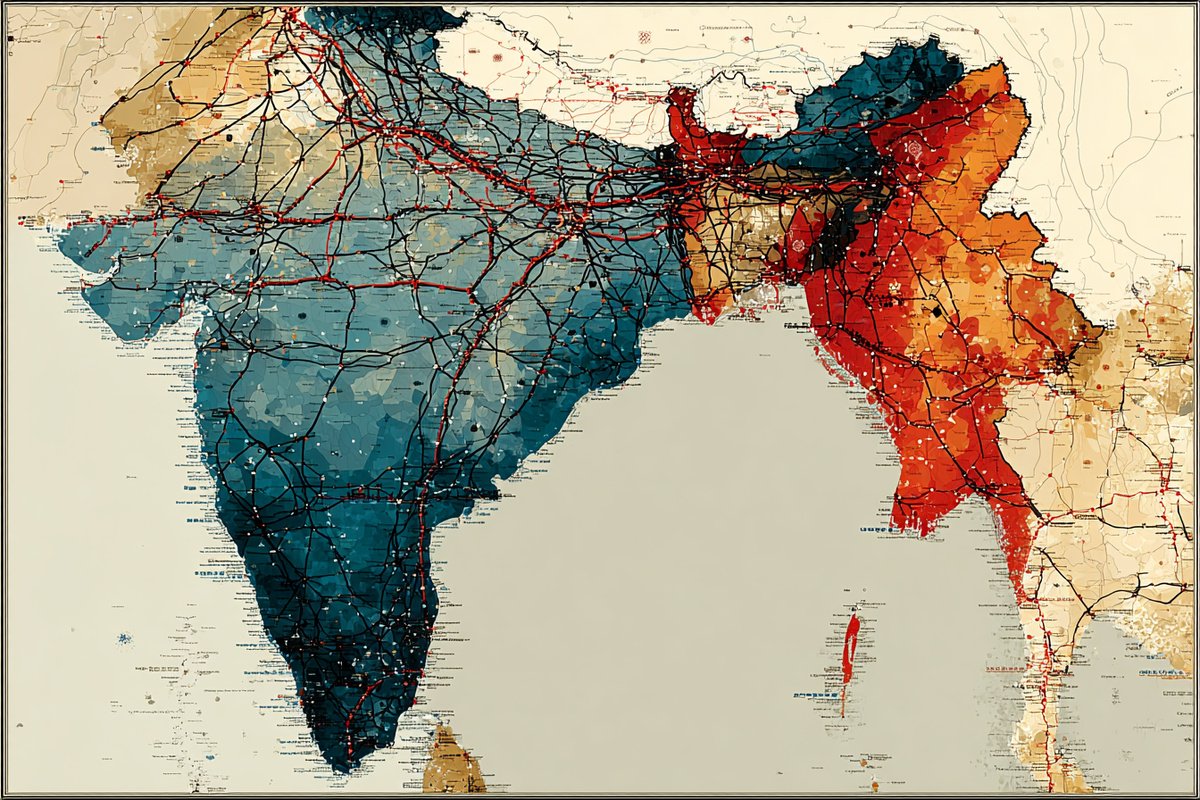 Красные линии — железные дороги колониальной эпохи, ведущие к портам. Синие точки — современные технологические хабы. Они почти не пересекаются.
