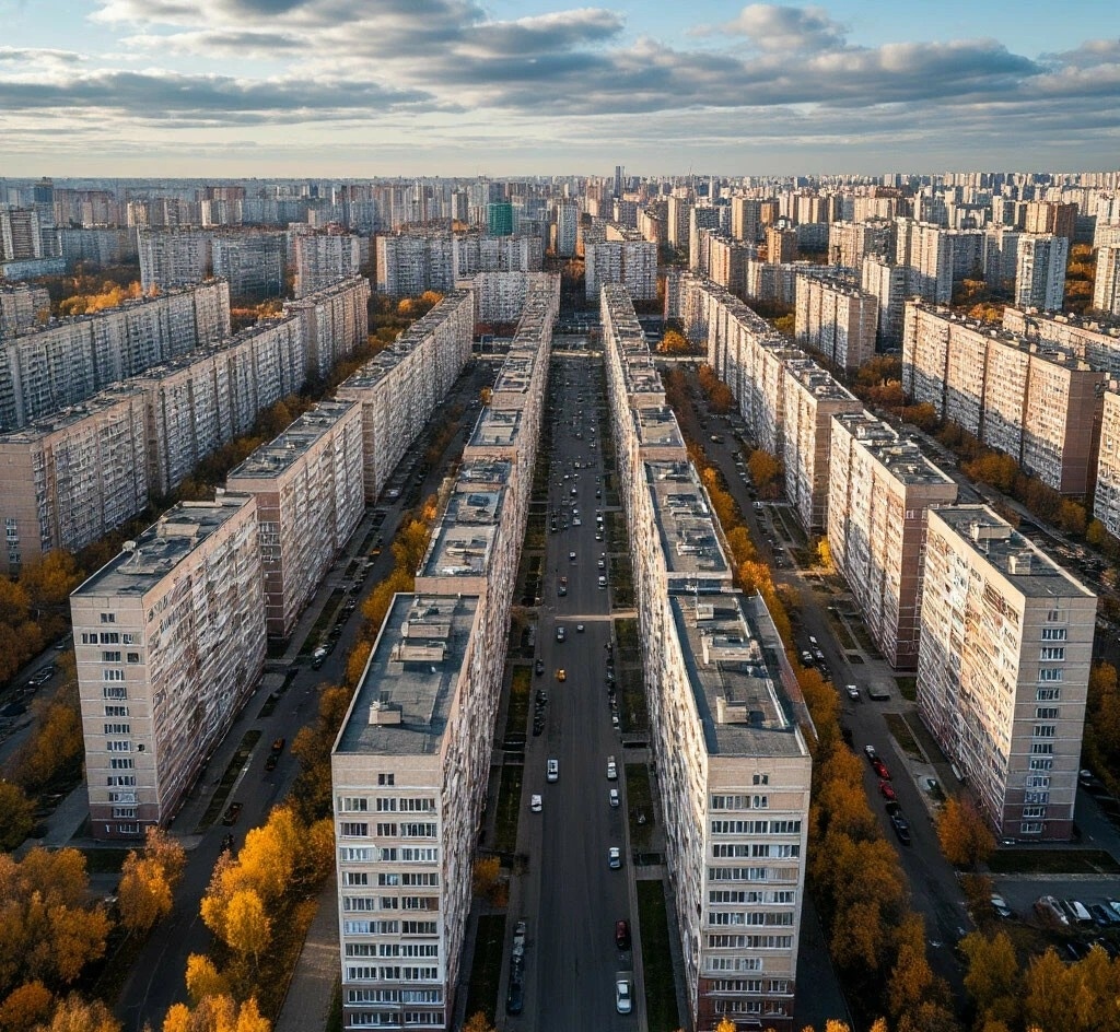 Человейники в представлении нейросети. Надо сказать ИИ заботится о людях больше чем застройщики - тут не так уж плотно и есть какая-никакая зелень 