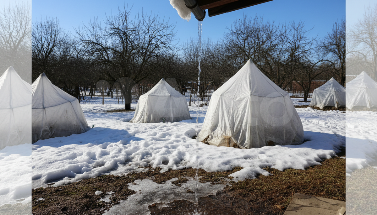 Февральский сад, солнце, снег тает, укрытия роз