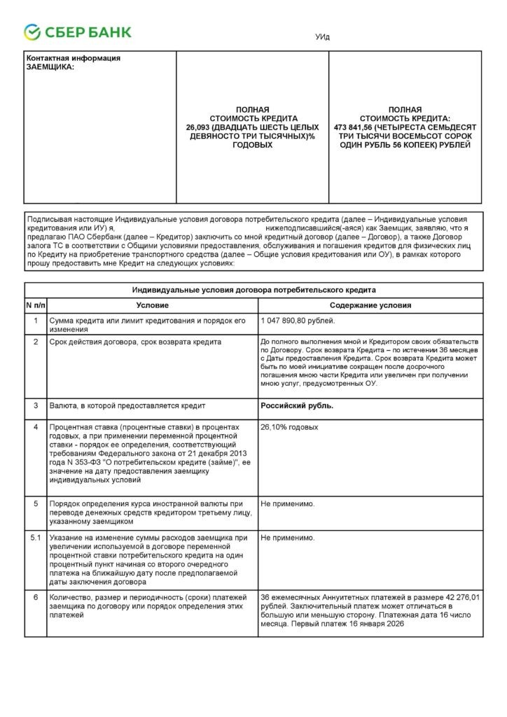 Кредитный договор в ПАО "Сбербанк"