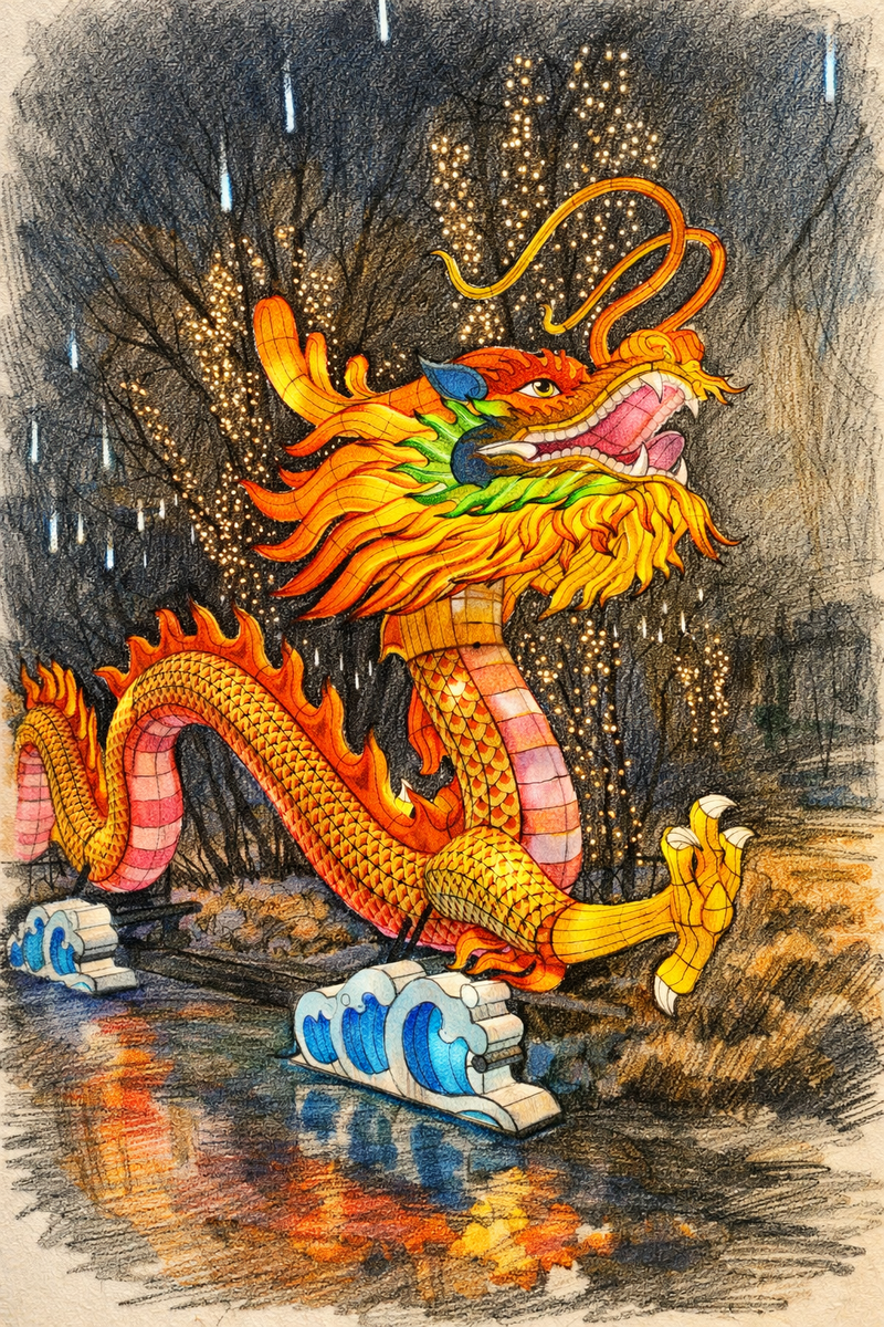 Изображение китайского дракона создано с помощью ИИ на основе моей фотографии из дворика китайский фонарей
