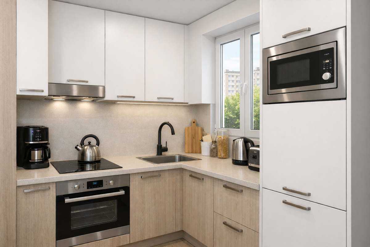 Пример компактной угловой кухни в городской квартире