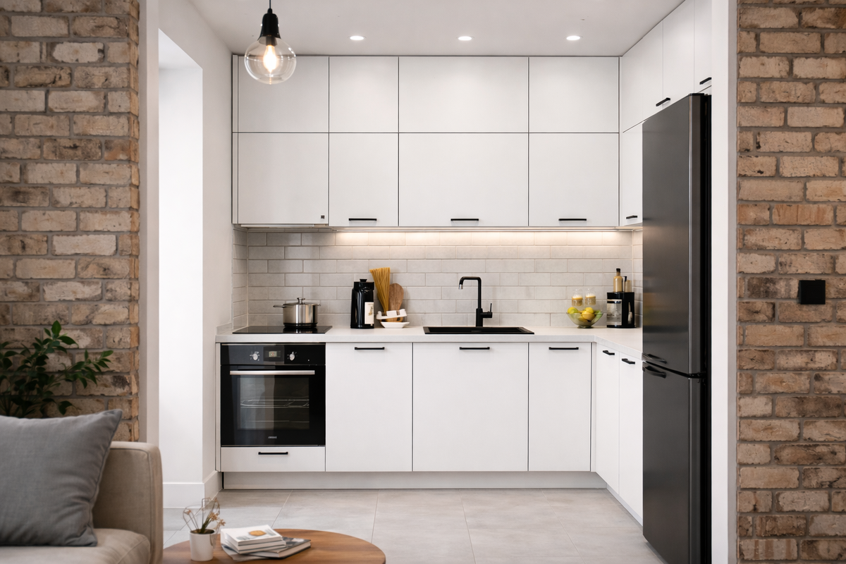 Современная белая угловая кухня 8–10 м² в стиле лофт
