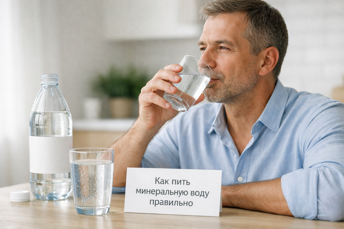 Мужчина правильно пьет минеральную воду