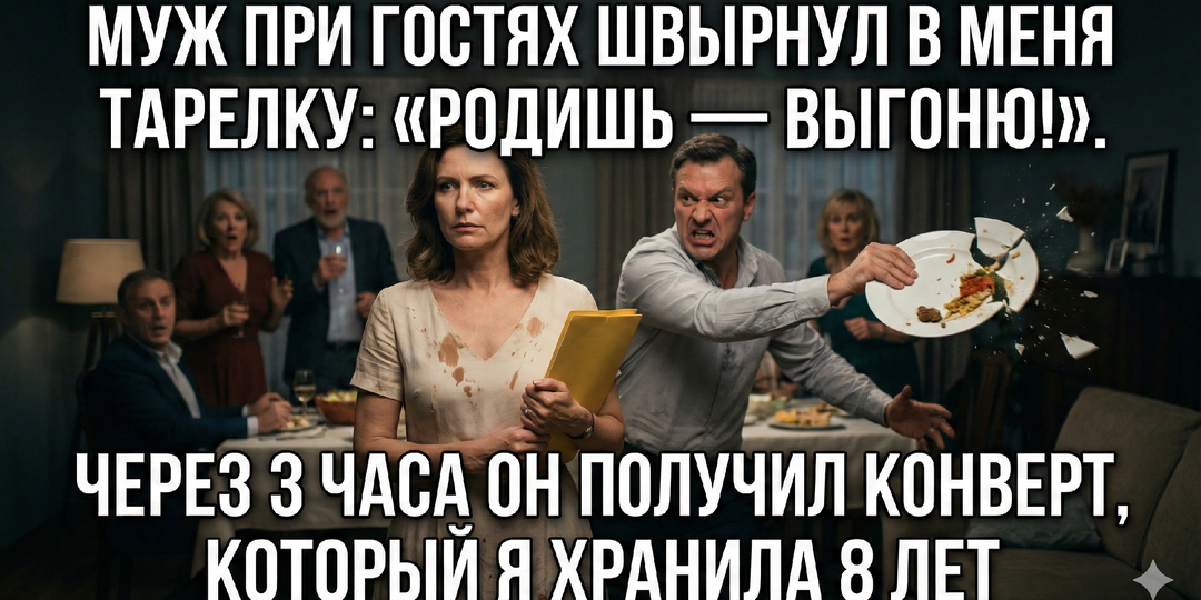 Муж при гостях швырнул в меня тарелку: «Родишь — выгоню!». Через 3 часа он получил конверт, который я хранила 8 лет
