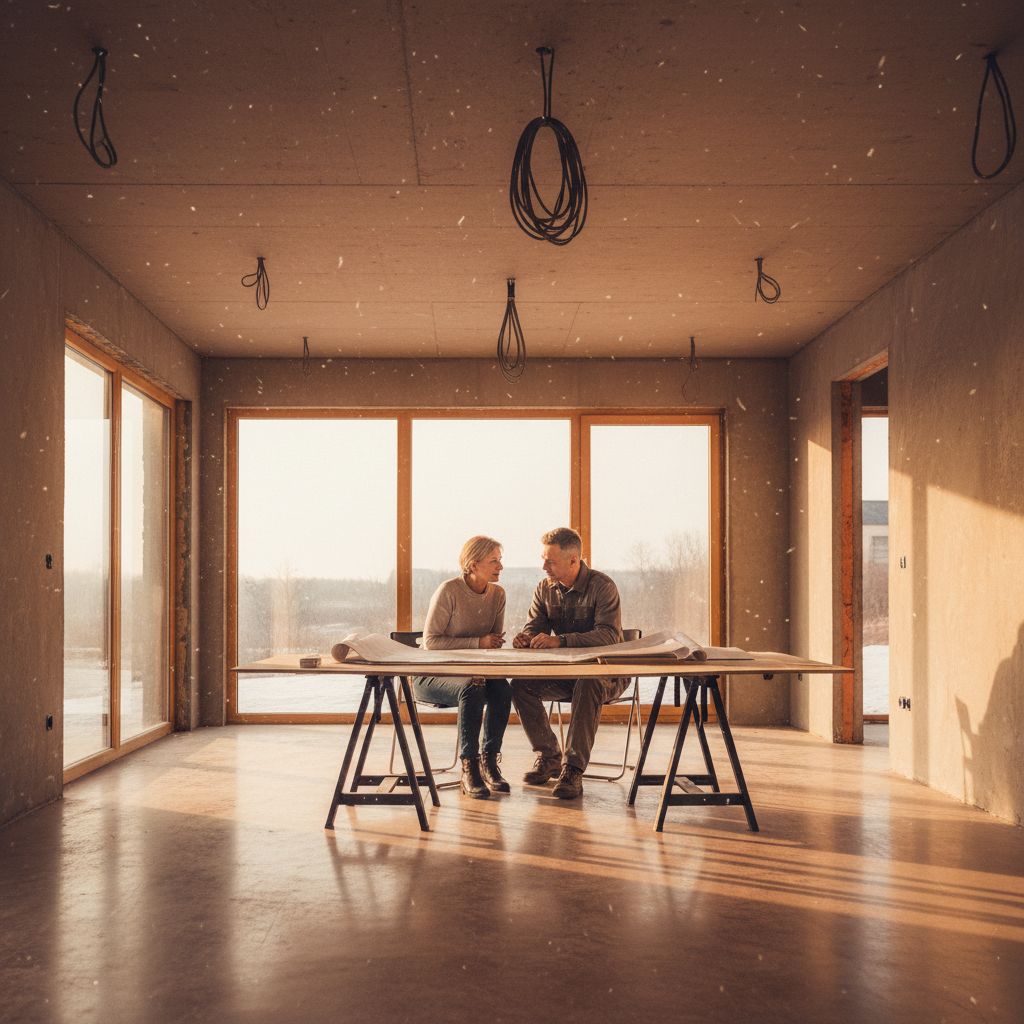 Солнце февральское, но уже по-весеннему яркое, бьет в огромные окна. За спиной  залитая бетонная стяжка первого этажа.