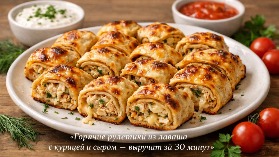 Когда гости приедут через час, делаю горячие рулетики из лаваша с курицей и сыром