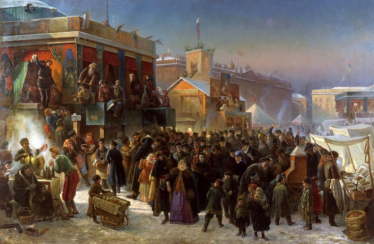 «Народное гулянье во время Масленицы на Адмиралтейской площади в Петербурге», Константин Маковский, 1869 год.