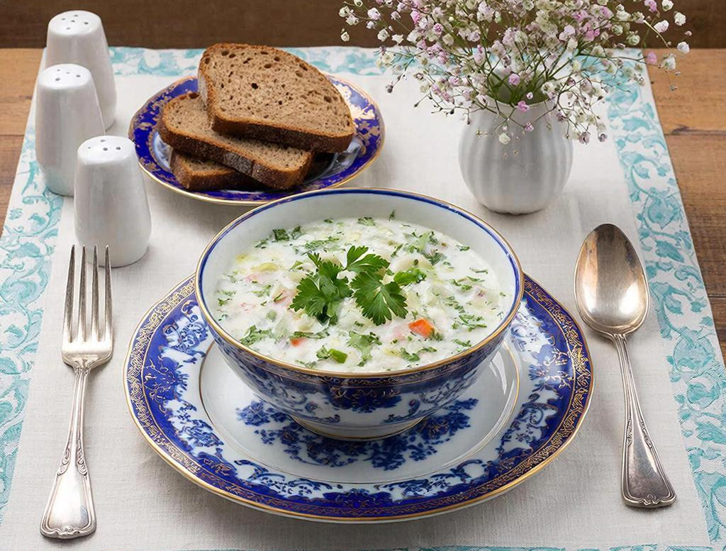 Подача кефирной окрошки в столичном ресторане.                                                                «Создано с использованием искусственного интеллекта».