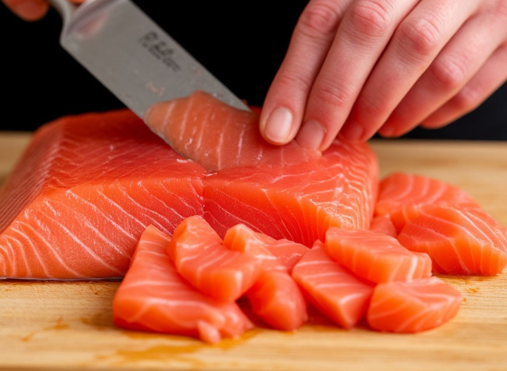 Нарезаем слабосоленую "красную" рыбу.                                                                                    «Создано с использованием искусственного интеллекта».
