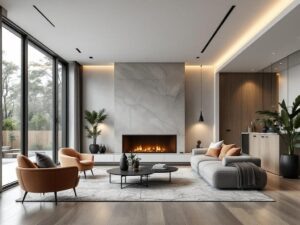    A modern smart home interior with a motion sensor installed on the ceiling in a hallway. The sensor is glowing softly, indicating it has detected movement. In the background, a person is walking towar