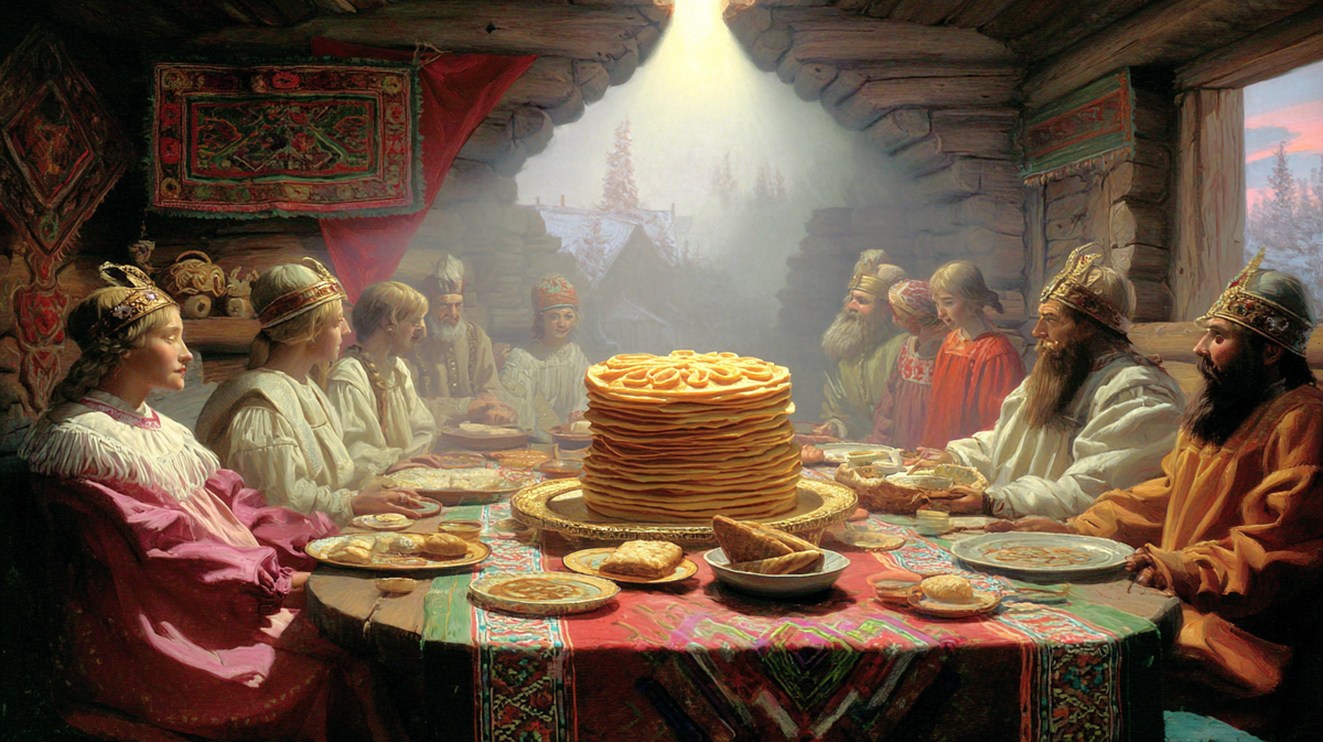 Большой стол с блинами и священным пирогом, объединяет за собой всех — от малышей до старейшин. Тут не просто трапеза, а настоящее таинство встречи с древним солнцем и памятью предков.