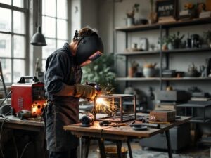    A detailed workshop scene with a person welding a metal frame for a loft-style bookshelf. The workspace includes a workbench with tools like a welding machine, angle grinder, and measuring tape. The b