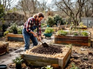   A detailed, photorealistic image of a well-organized vegetable garden in early spring. The garden features raised wooden and slate beds filled with layers of organic materials (straw, compost, soil).
