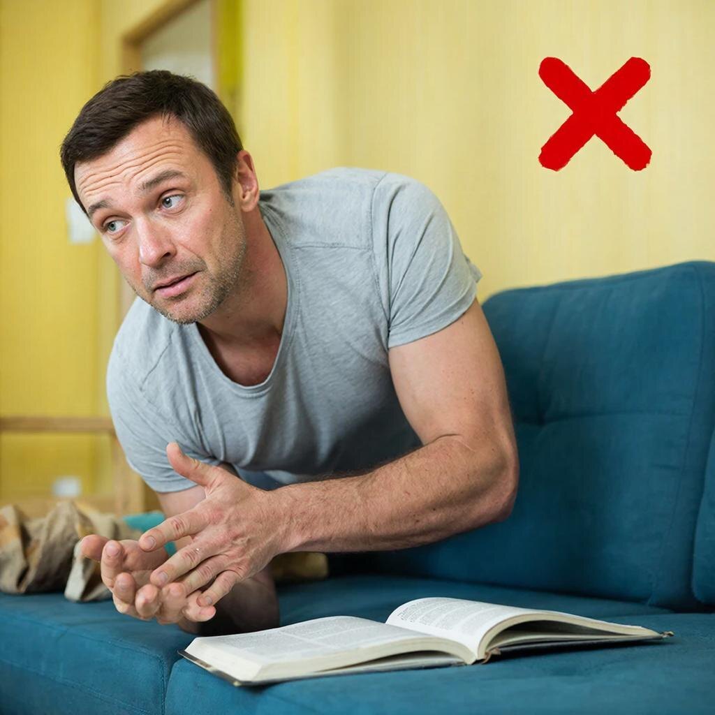 Мужчина пытается сделать упражнения по книжке, но у него не получается.