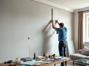    A modern apartment interior with a focus on a wall being soundproofed. Show a person in casual clothing installing soundproofing materials such as mineral wool or acoustic panels. Include tools like a