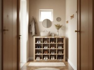    A cozy, well-organized small entryway in a modern Russian apartment. The scene features a handmade wooden shoe storage unit with multiple shelves and compartments, neatly arranged shoes of different s
