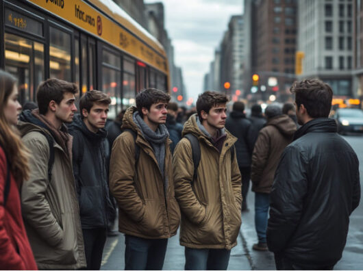    Люди ждут автобус // Фото: сгенерировано с помощью «Шедеврума»