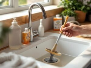    A detailed, realistic image of a modern kitchen sink with a visible clog. Show a person using a plunger to clear the blockage. Include common household items like baking soda, vinegar, and a drain sna