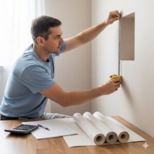    Замер стены с нишей рулеткой и рулоны обоев на полу в комнате для расчета количества материала.