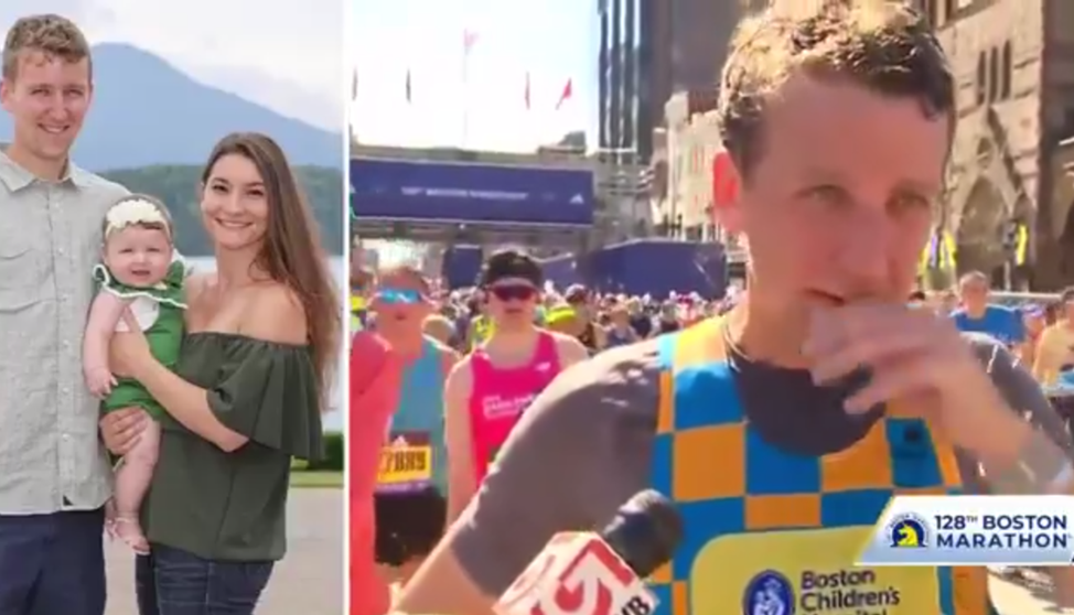 Слева: Патрик с женой и дочкой, а справа: он даёт интервью после забега - "Они прожили короткую, но хорошую жизнь. Я их люблю, они замечательные." Фото из свободного обращения сети интернет