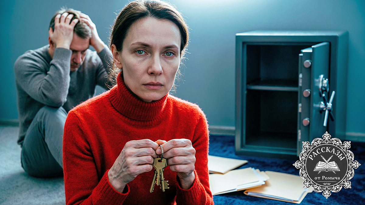 Женщина в красном пальто и мужчина в хранилище банка в момент раскрытия тайны наследства