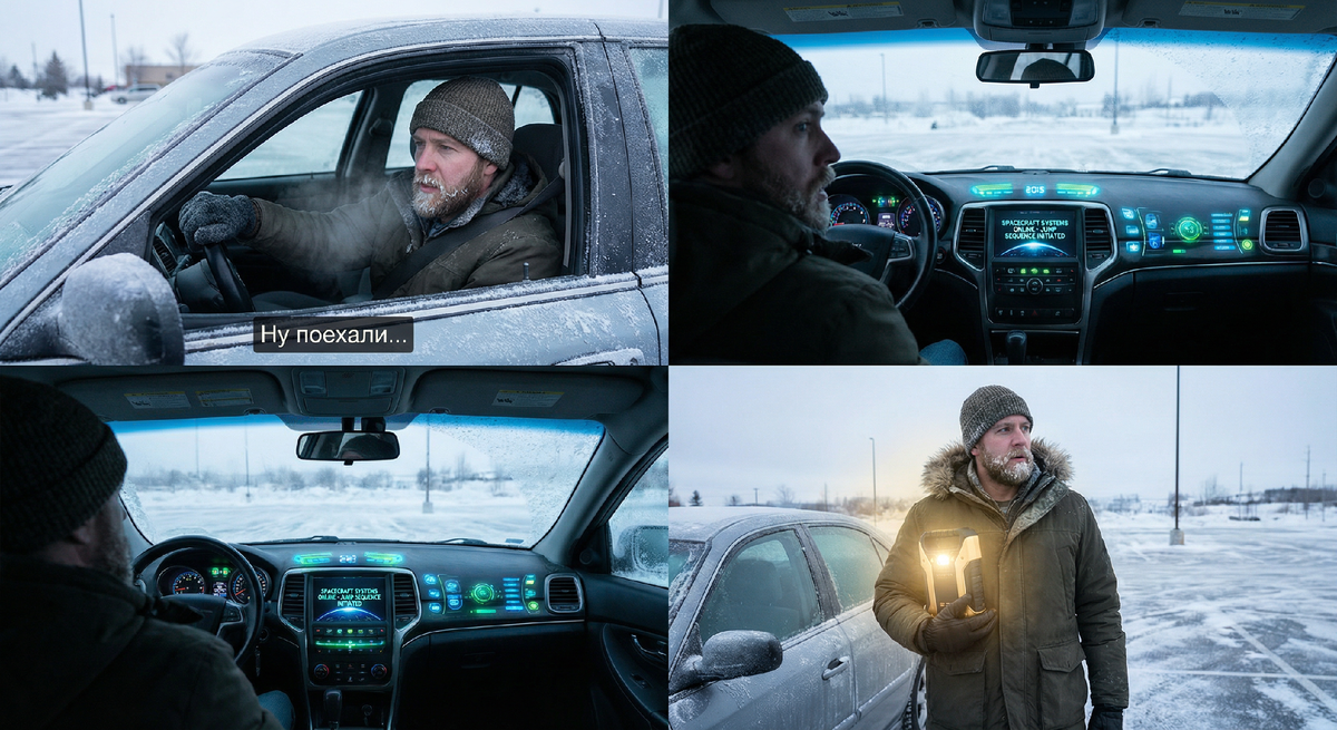 Мужчина не может завести машину зимой, а бустер выглядит как спасение