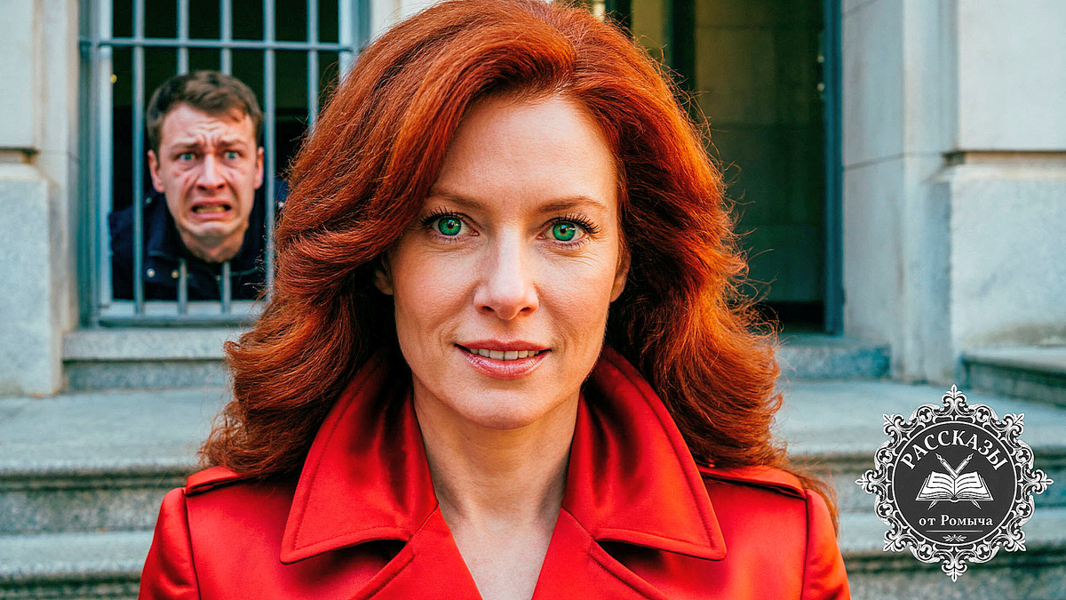 Торжествующая женщина в красном пальто на фоне здания полиции и задержанного мужа